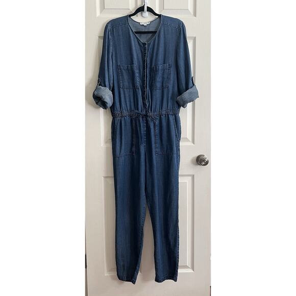 ANN TAYLOR LOFT Linen Blend Drawstring Waist Roll Tab Sleeve Denim Jumpsuit - Picture 3 of 14